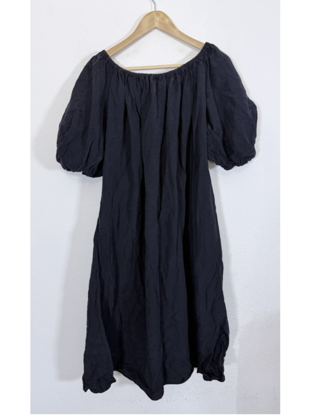 COS Off-The-Shoulder Linen Puff-Sleeve Midi Dress Sz 10 Blue Minimalist Preppy - Picture 3 of 9